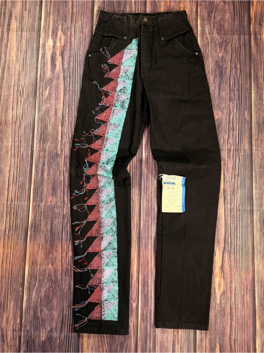 Vintage Show Stopper Roper Western Bareback Black Denim Jeans 80s Print & Fringe